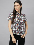 Valbone Women’s White & Orange Modal Silk Butterfly Printed Shirt Half Sleeves