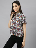 Valbone Women’s White & Orange Modal Silk Butterfly Printed Shirt Half Sleeves