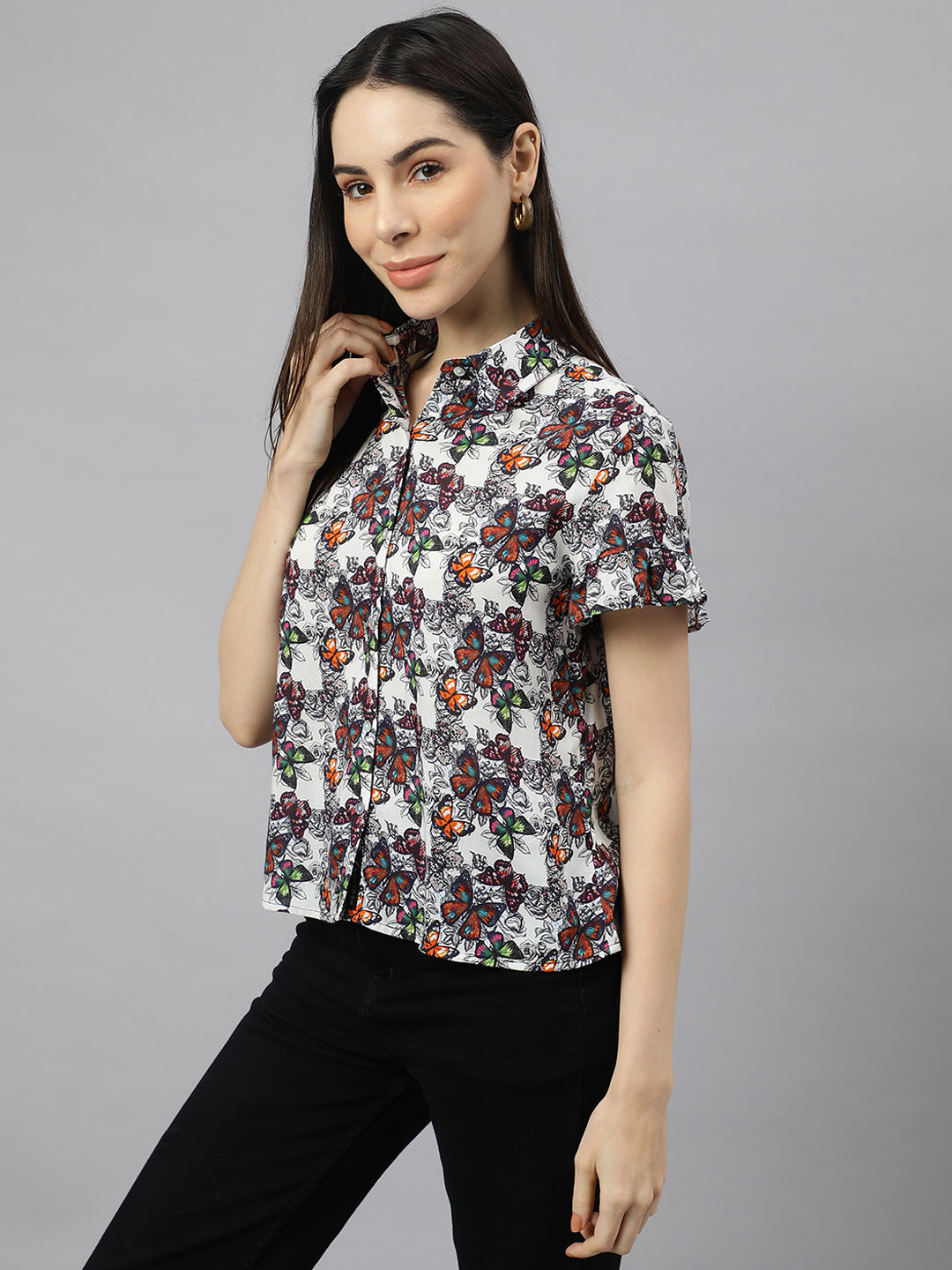 Valbone Women’s White & Orange Modal Silk Butterfly Printed Shirt Half Sleeves