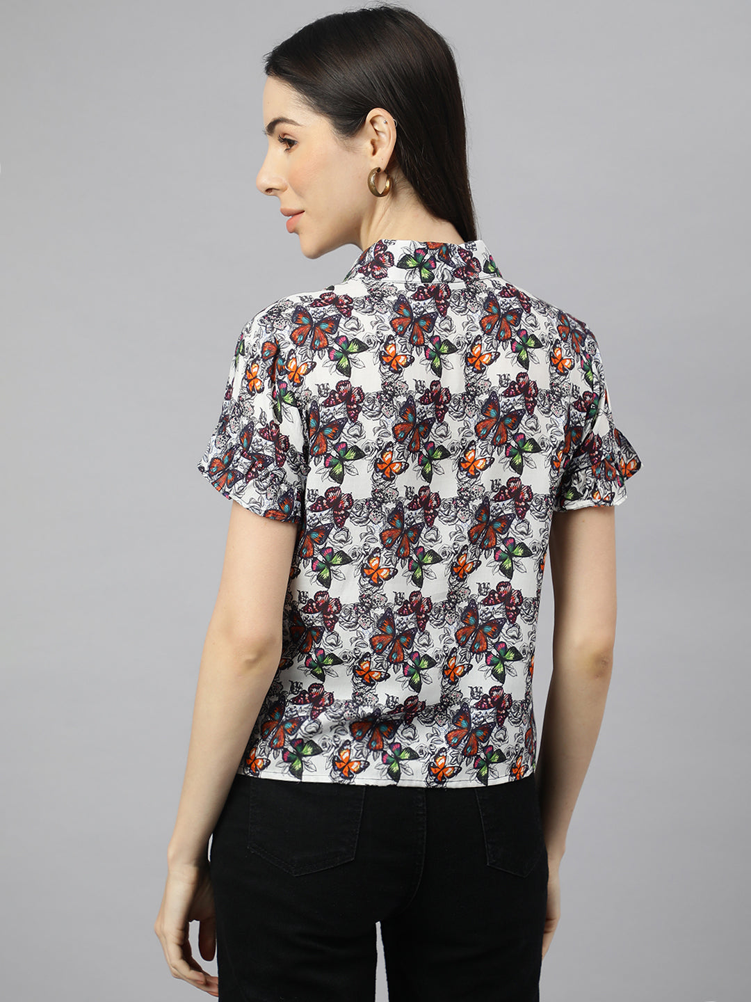 Valbone Women’s White & Orange Modal Silk Butterfly Printed Shirt Half Sleeves