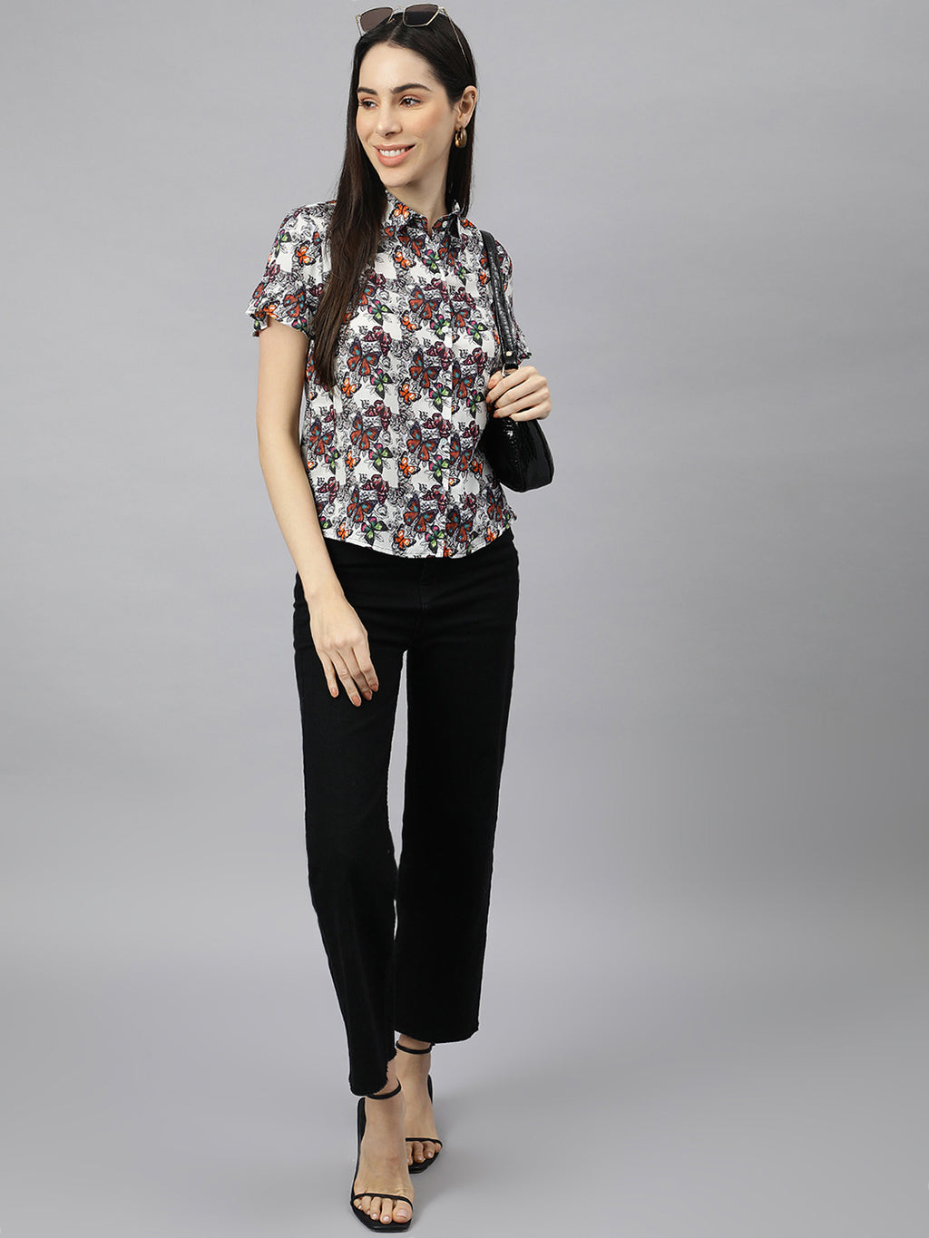 Valbone Women’s White & Orange Modal Silk Butterfly Printed Shirt Half Sleeves