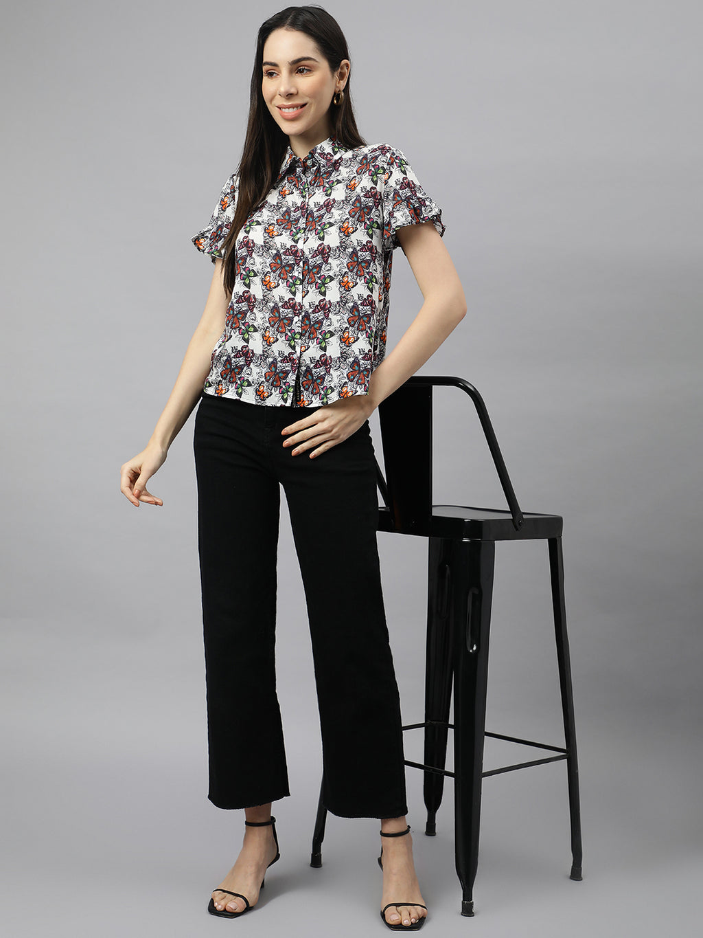 Valbone Women’s White & Orange Modal Silk Butterfly Printed Shirt Half Sleeves