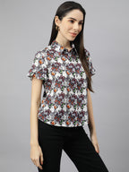 Valbone Women’s White & Orange Modal Silk Butterfly Printed Shirt Half Sleeves