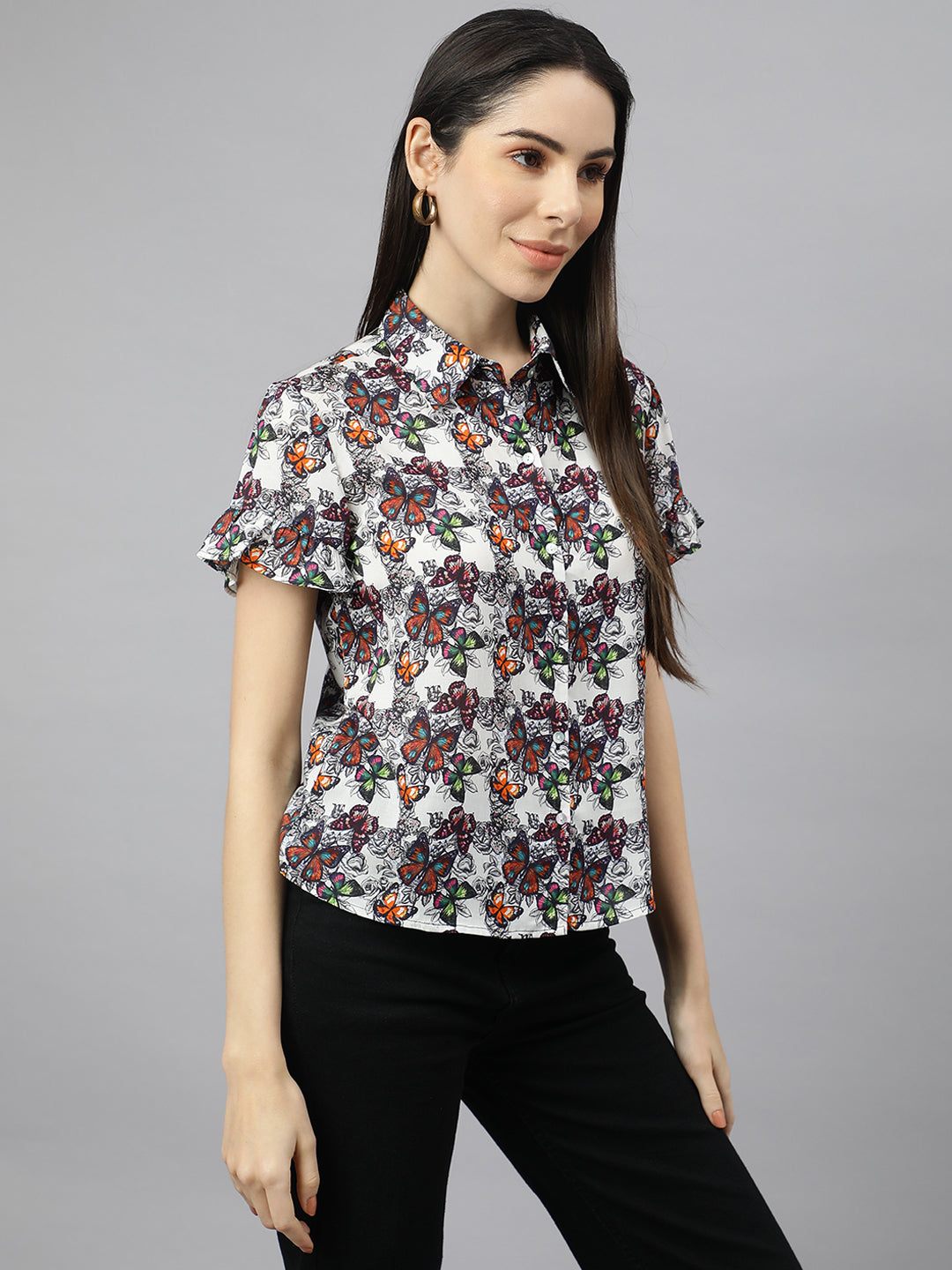 Valbone Women’s White & Orange Modal Silk Butterfly Printed Shirt Half Sleeves