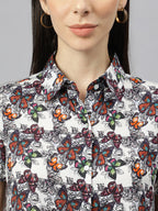 Valbone Women’s White & Orange Modal Silk Butterfly Printed Shirt Half Sleeves