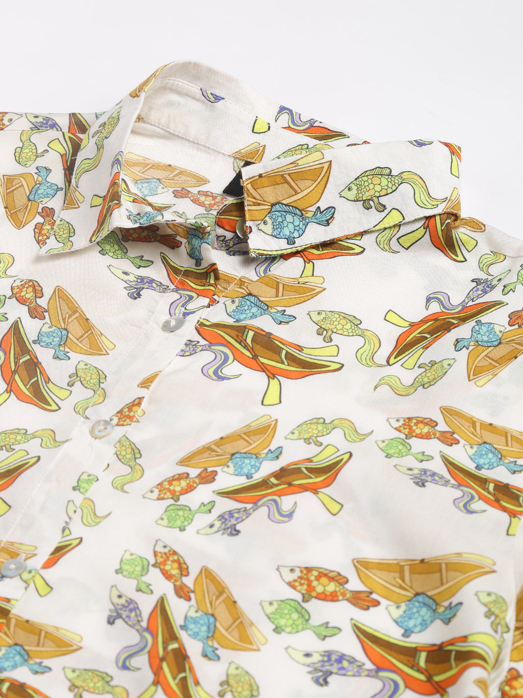 Valbone Women’s Yellow Modal Silk (Sea Fish & Boat) Printed Shirt