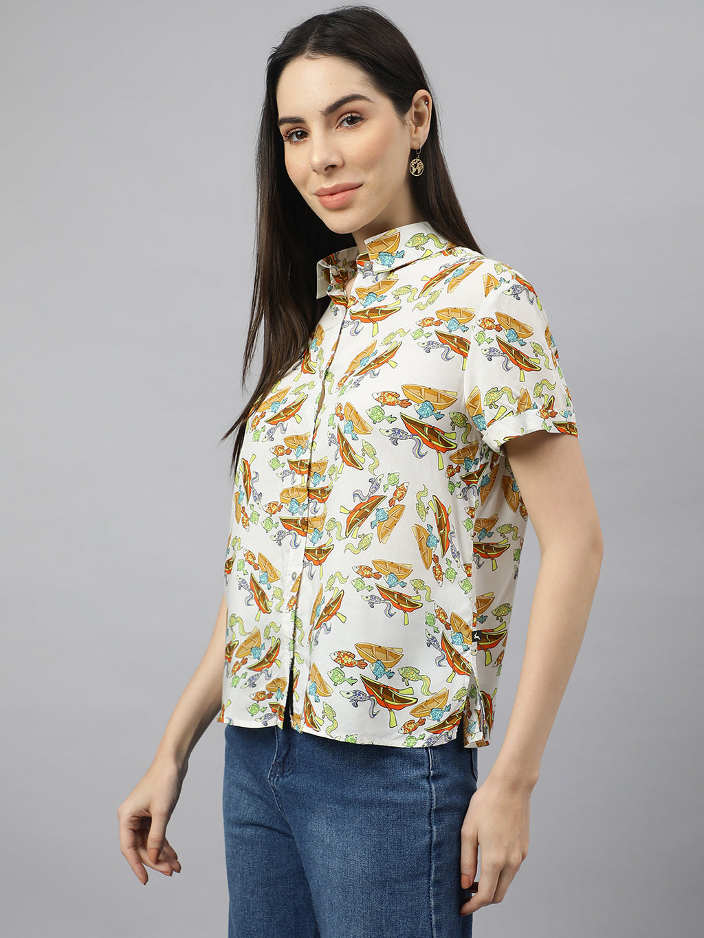 Valbone Women’s Yellow Modal Silk (Sea Fish & Boat) Printed Shirt