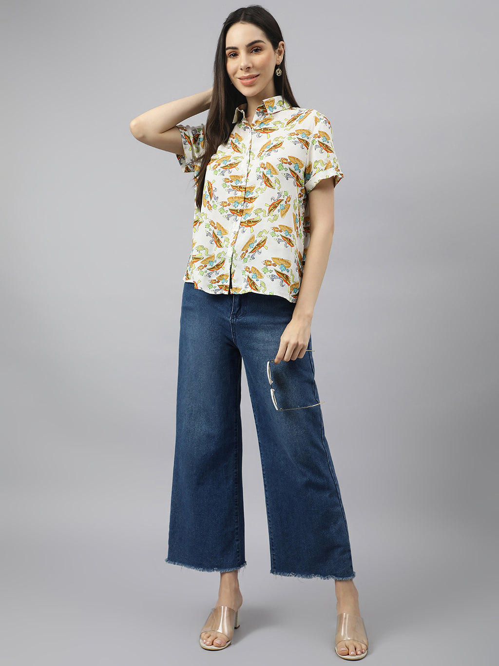 Valbone Women’s Yellow Modal Silk (Sea Fish & Boat) Printed Shirt