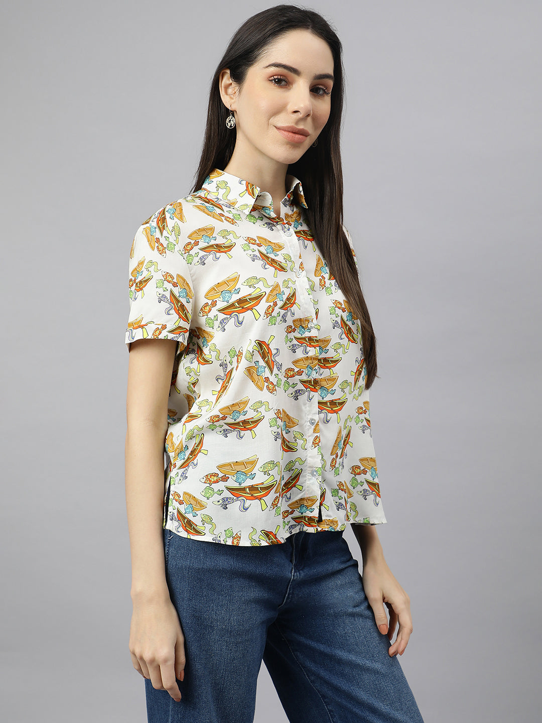 Valbone Women’s Yellow Modal Silk (Sea Fish & Boat) Printed Shirt
