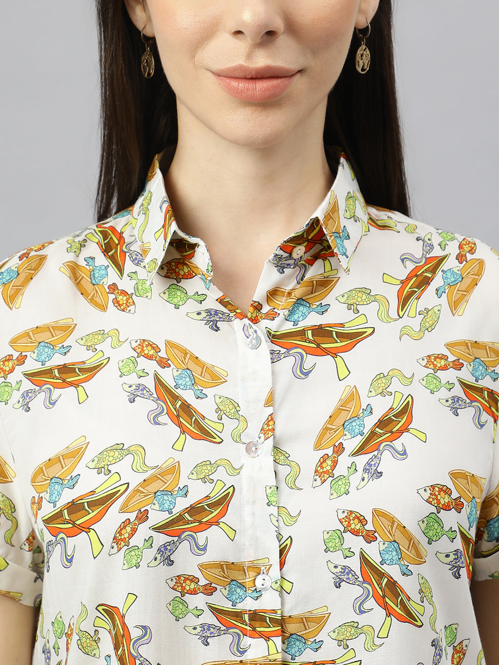Valbone Women’s Yellow Modal Silk (Sea Fish & Boat) Printed Shirt