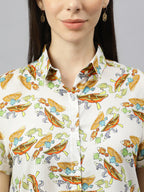 Valbone Women’s Yellow Modal Silk (Sea Fish & Boat) Printed Shirt