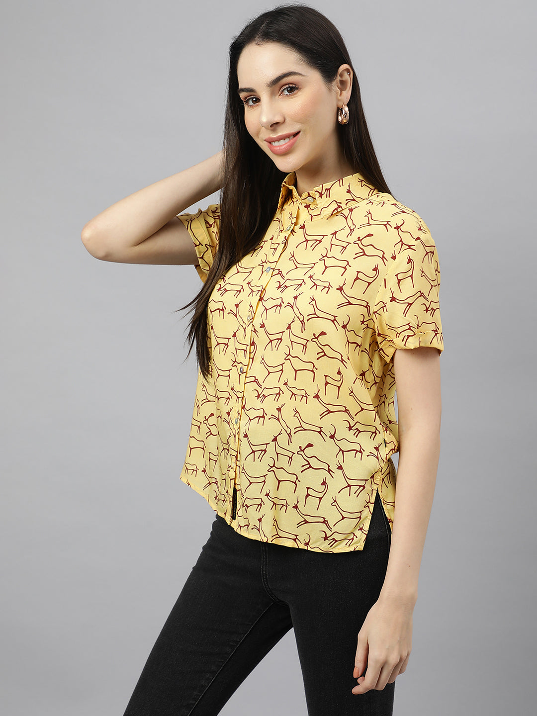 Valbone Women’s Yellow Modal Silk Animal Printed Shirt Half Sleeves