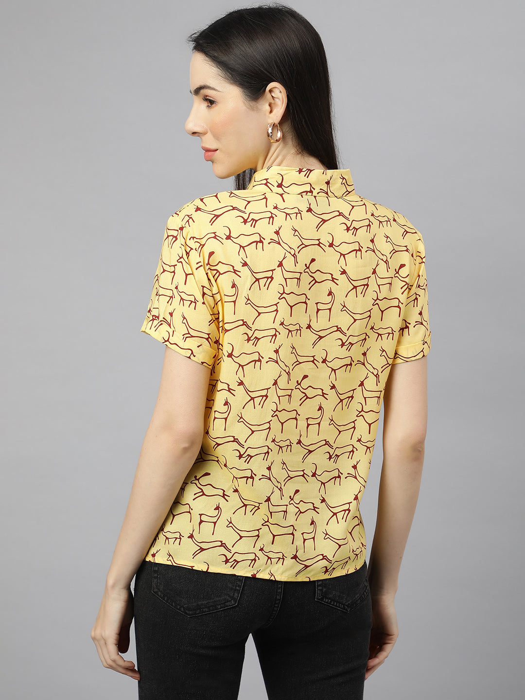 Valbone Women’s Yellow Modal Silk Animal Printed Shirt Half Sleeves