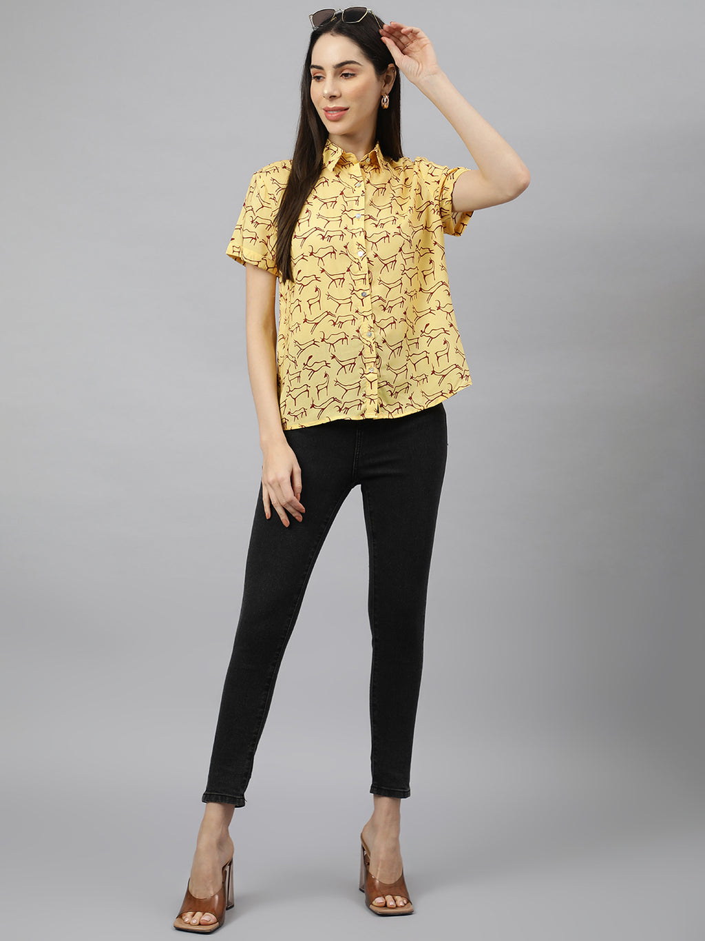 Valbone Women’s Yellow Modal Silk Animal Printed Shirt Half Sleeves