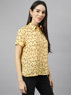 Valbone Women’s Yellow Modal Silk Animal Printed Shirt Half Sleeves