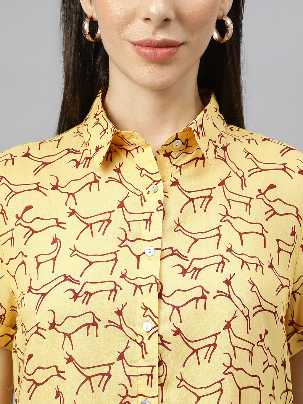 Valbone Women’s Yellow Modal Silk Animal Printed Shirt Half Sleeves