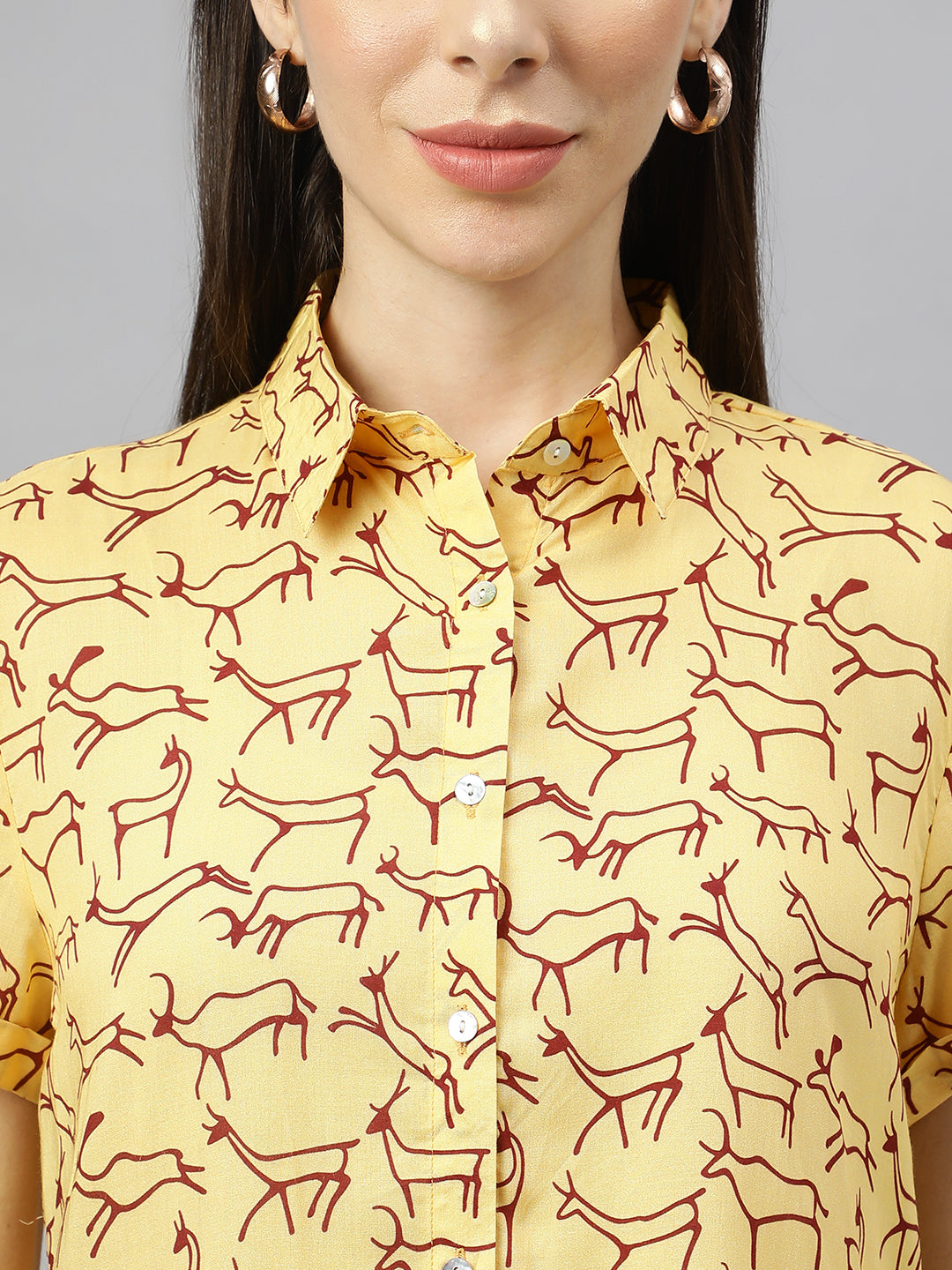 Valbone Women’s Yellow Modal Silk Animal Printed Shirt Half Sleeves