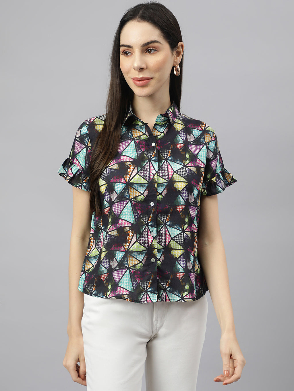 Valbone Women’s Multi-color Geometric Modal Silk Printed Shirt Half Sleeves