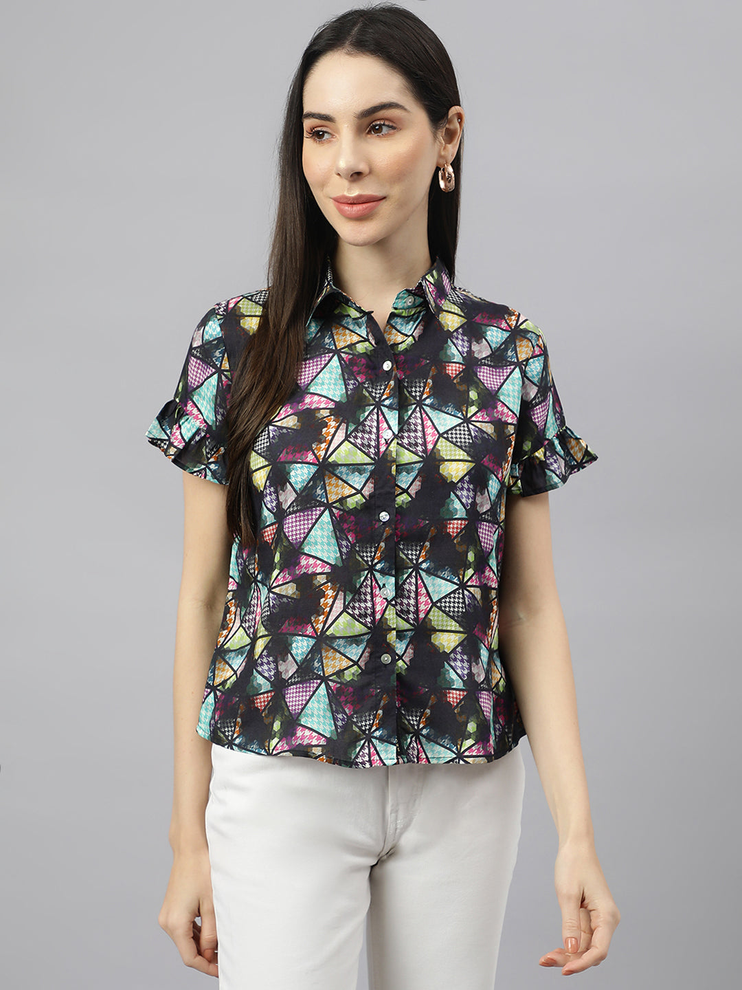 Valbone Women’s Multi-color Geometric Modal Silk Printed Shirt Half Sleeves