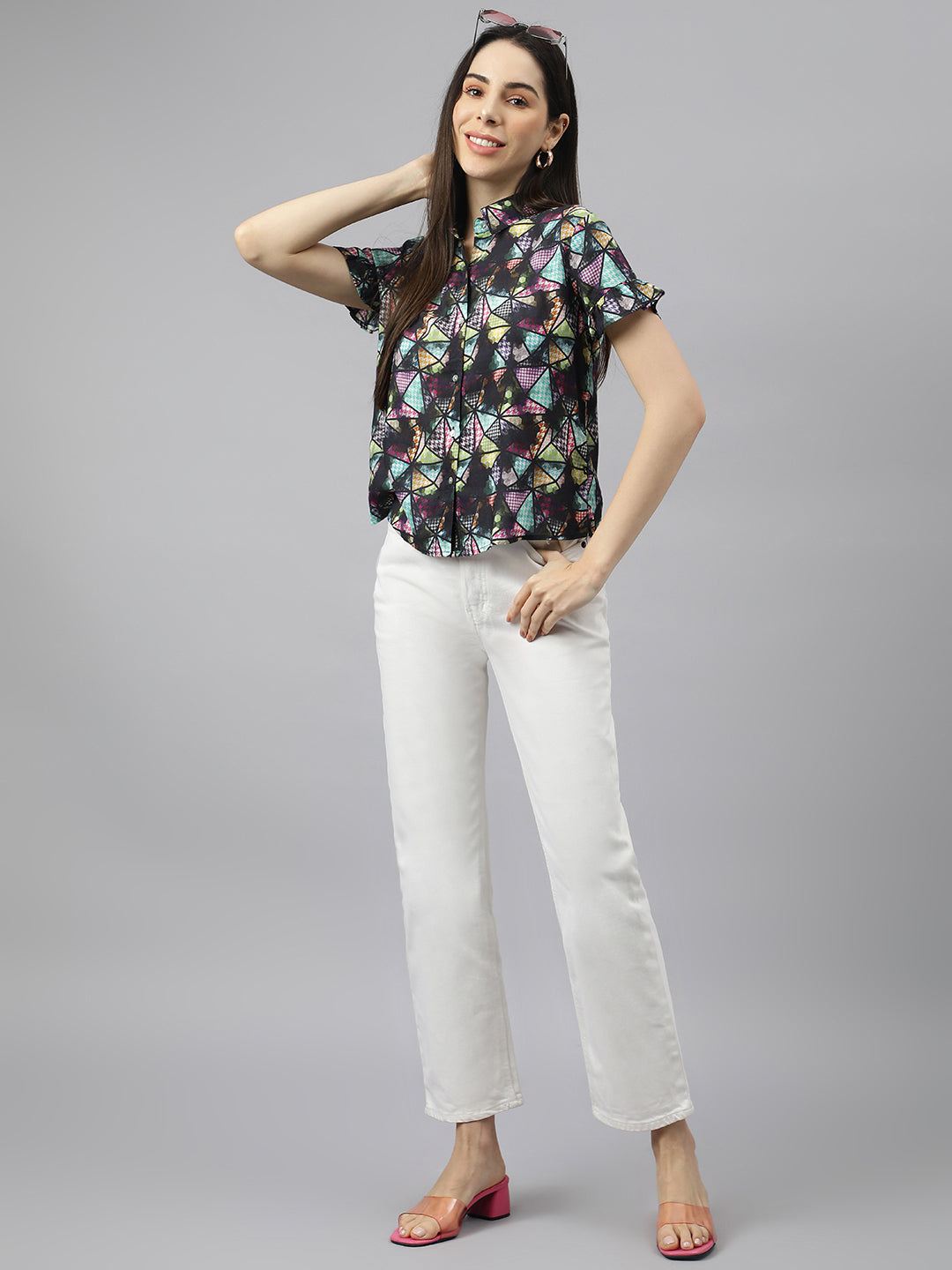 Valbone Women’s Multi-color Geometric Modal Silk Printed Shirt Half Sleeves