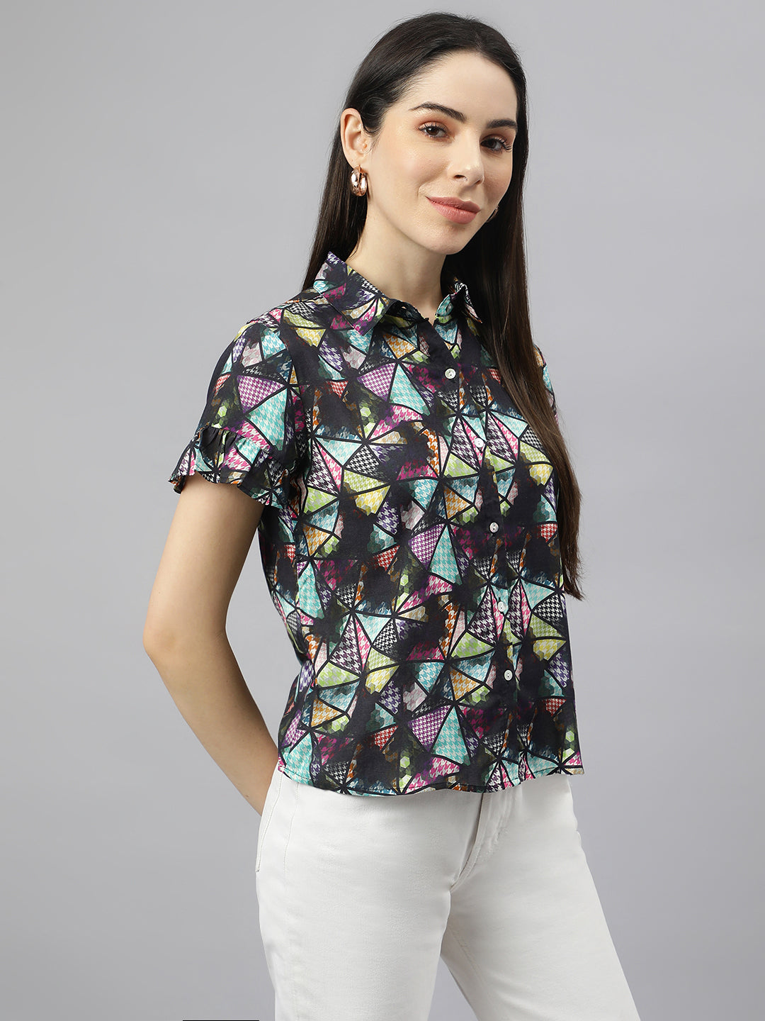 Valbone Women’s Multi-color Geometric Modal Silk Printed Shirt Half Sleeves
