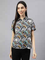 Valbone Women’s Black Modal Silk Butterfly Printed Shirt Half Sleeves