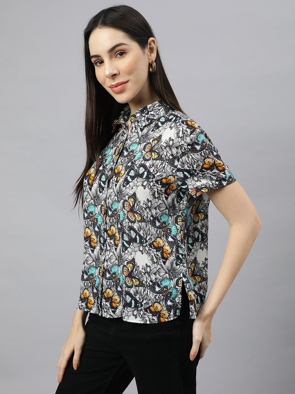 Valbone Women’s Black Modal Silk Butterfly Printed Shirt Half Sleeves