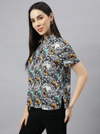 Valbone Women’s Black Modal Silk Butterfly Printed Shirt Half Sleeves