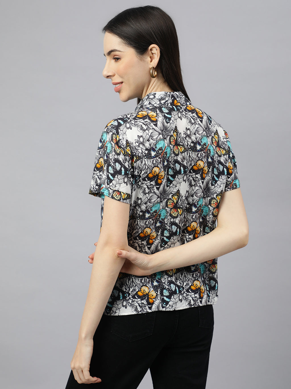 Valbone Women’s Black Modal Silk Butterfly Printed Shirt Half Sleeves