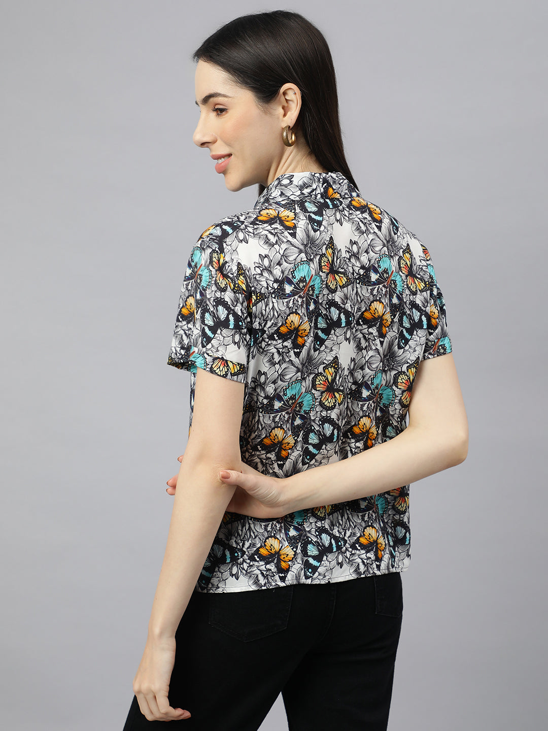 Valbone Women’s Black Modal Silk Butterfly Printed Shirt Half Sleeves