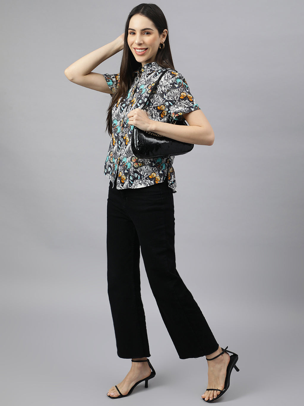 Valbone Women’s Black Modal Silk Butterfly Printed Shirt Half Sleeves