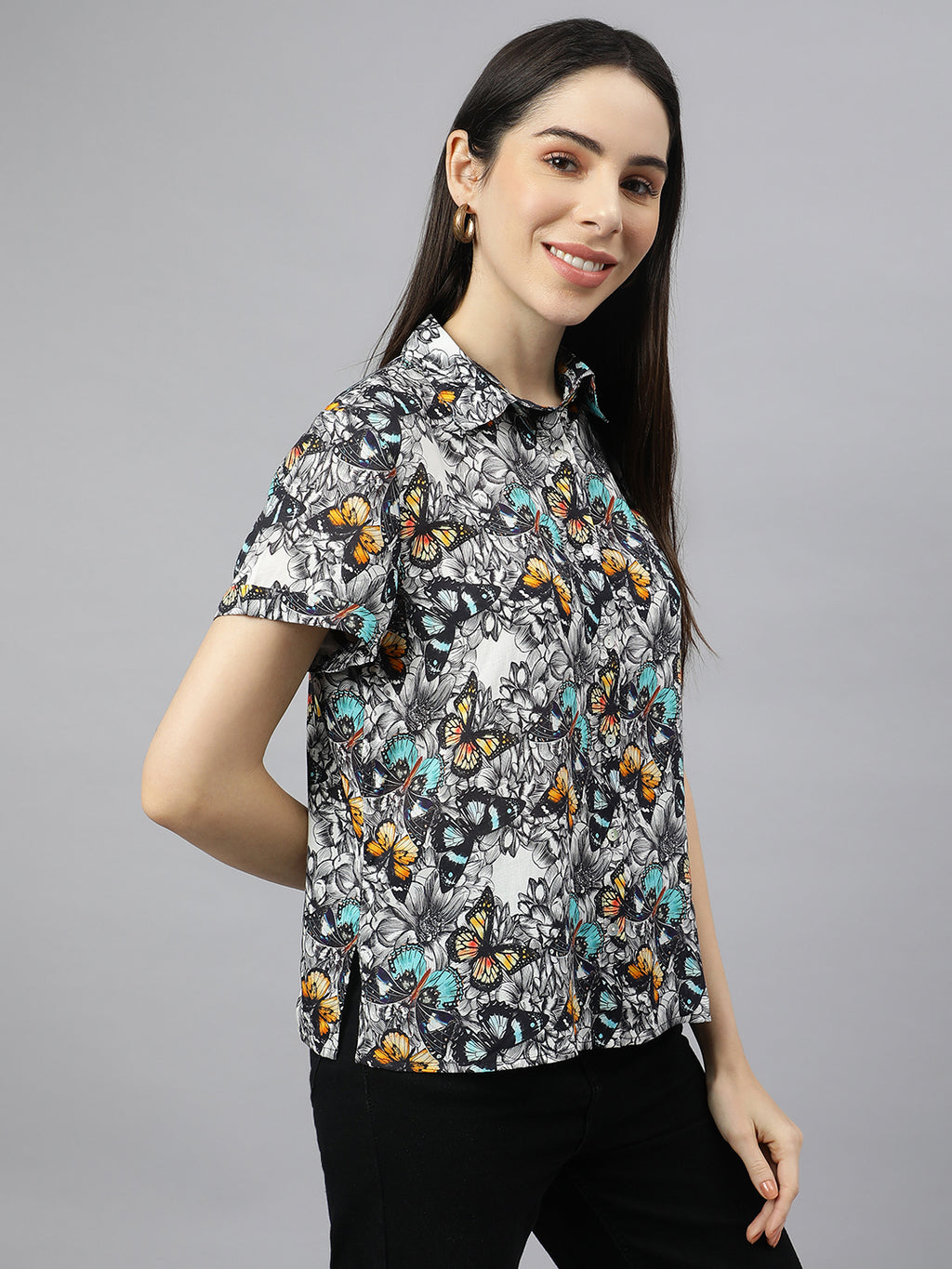 Valbone Women’s Black Modal Silk Butterfly Printed Shirt Half Sleeves