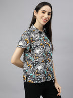 Valbone Women’s Black Modal Silk Butterfly Printed Shirt Half Sleeves