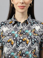 Valbone Women’s Black Modal Silk Butterfly Printed Shirt Half Sleeves