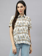 Valbone Women’s white Modal Silk Printed Shirt Half Sleeves