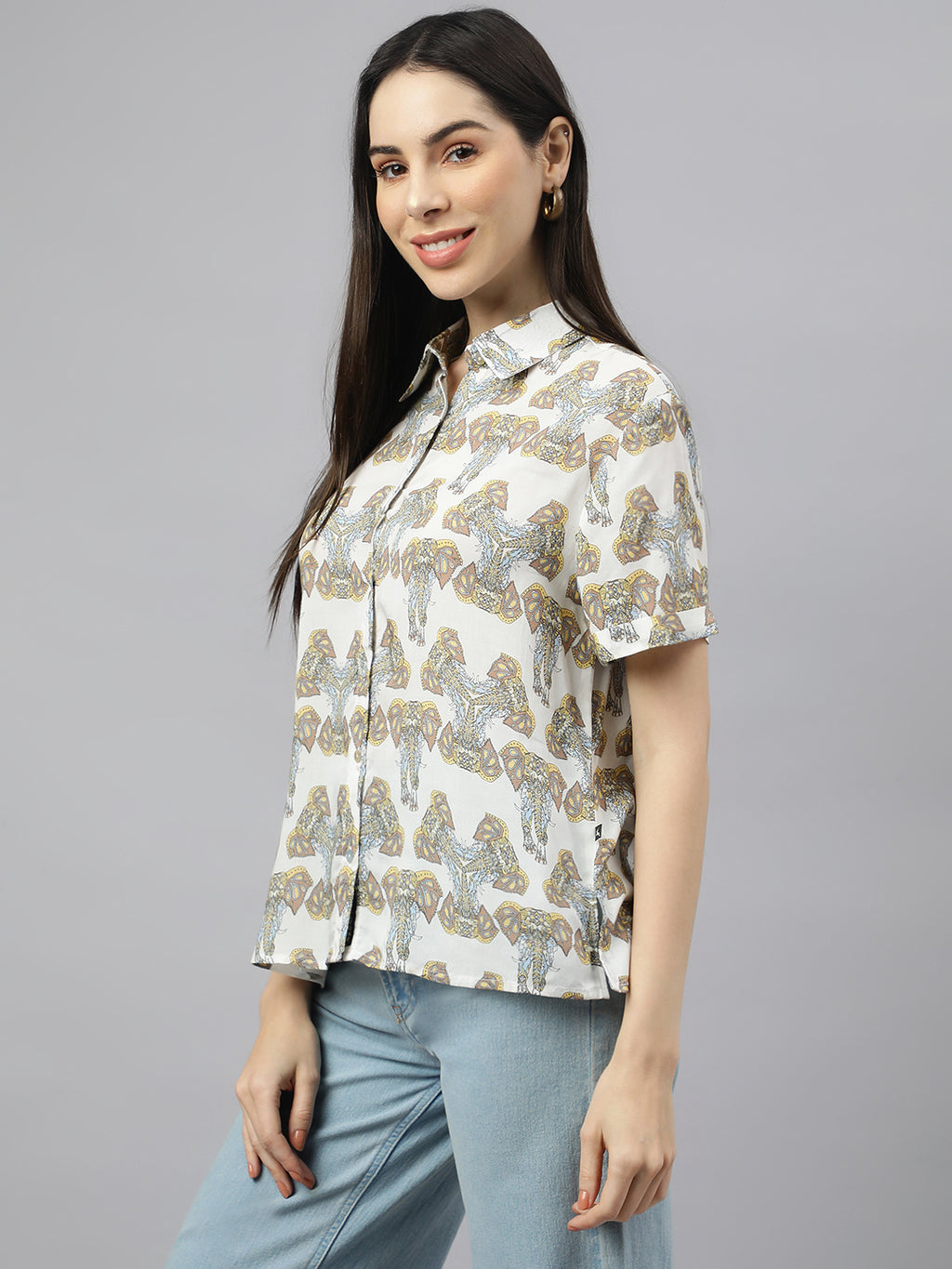 Valbone Women’s white Modal Silk Printed Shirt Half Sleeves