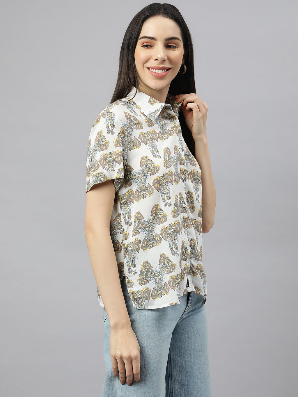 Valbone Women’s white Modal Silk Printed Shirt Half Sleeves
