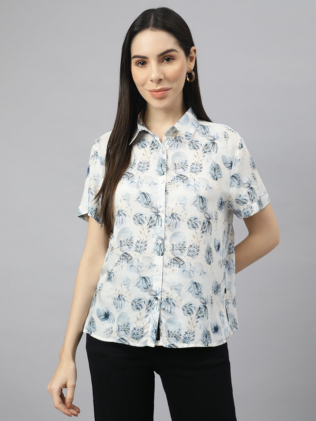 Valbone Women’s White Modal Silk Floral Printed Shirt Half Sleeves