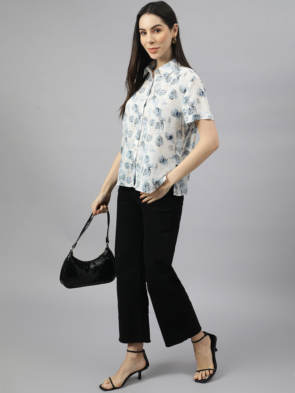 Valbone Women’s White Modal Silk Floral Printed Shirt Half Sleeves