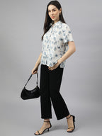 Valbone Women’s White Modal Silk Floral Printed Shirt Half Sleeves