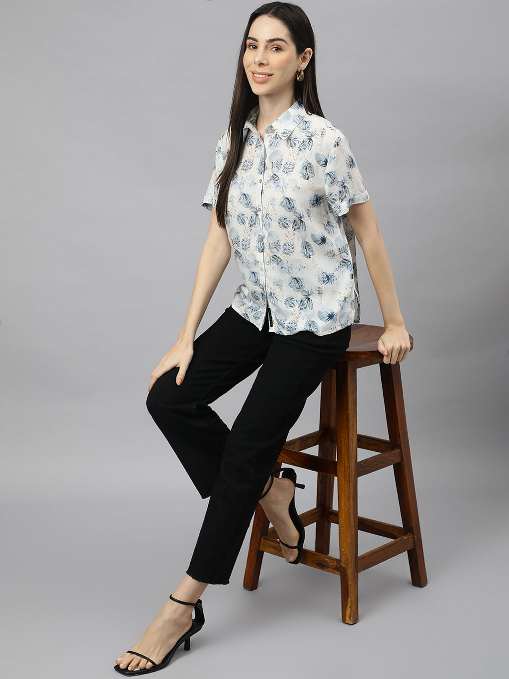 Valbone Women’s White Modal Silk Floral Printed Shirt Half Sleeves