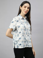 Valbone Women’s White Modal Silk Floral Printed Shirt Half Sleeves