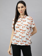 Valbone Women’s White Modal Silk Animal Printed Shirt Half Sleeves