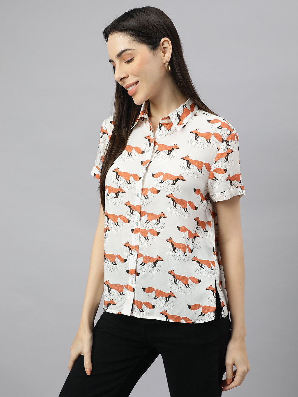 Valbone Women’s White Modal Silk Animal Printed Shirt Half Sleeves