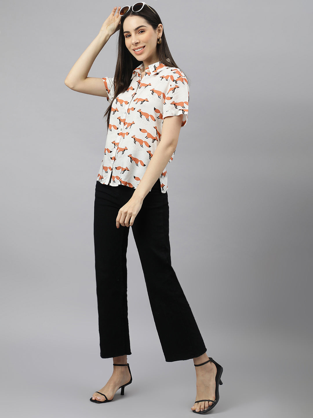 Valbone Women’s White Modal Silk Animal Printed Shirt Half Sleeves