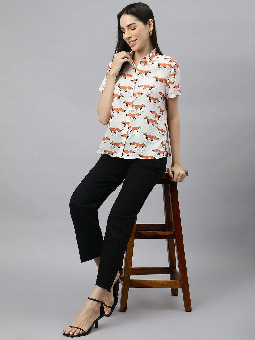 Valbone Women’s White Modal Silk Animal Printed Shirt Half Sleeves