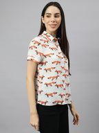 Valbone Women’s White Modal Silk Animal Printed Shirt Half Sleeves