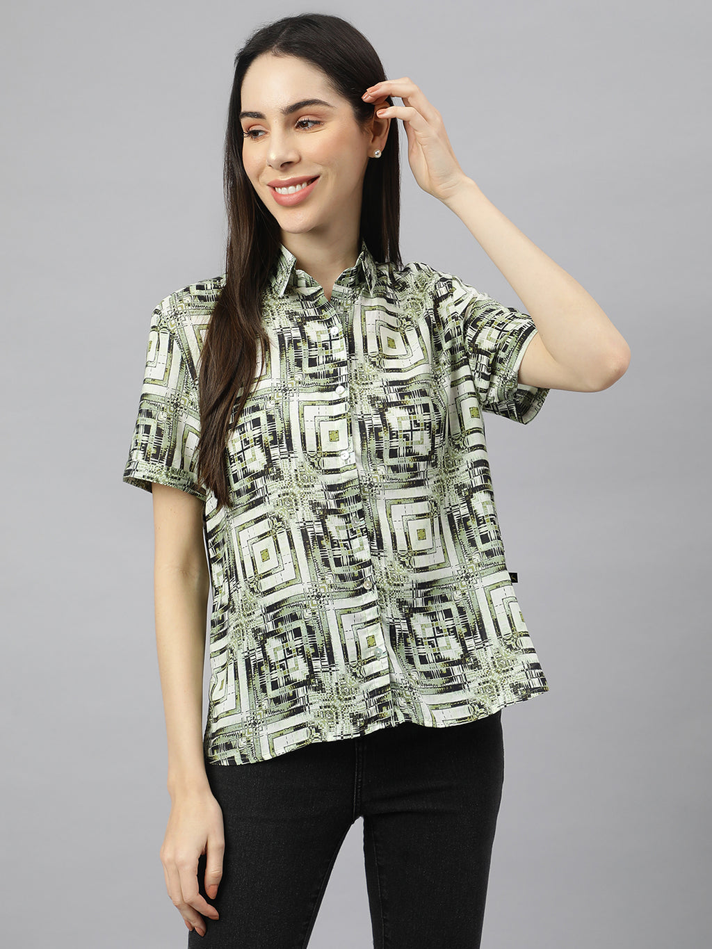 Valbone Women’s Green Modal Silk Printed Shirt Half Sleeves
