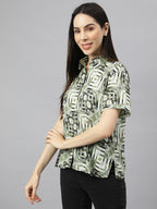 Valbone Women’s Green Modal Silk Printed Shirt Half Sleeves