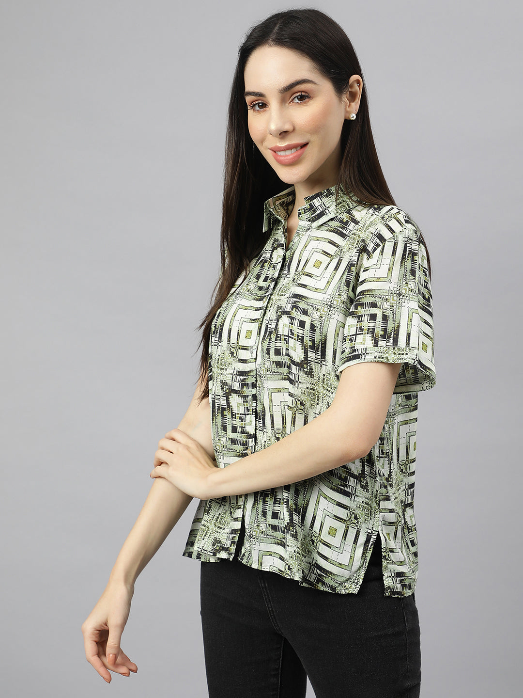 Valbone Women’s Green Modal Silk Printed Shirt Half Sleeves